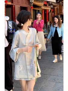 新中式轻国风夏季穿搭一整套女装减龄漂亮洋气醋酸蓝色上衣套装裤