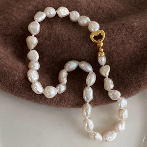 LJW 法式天然巴洛克大颗炫彩异形淡水珍珠项链优雅爱心扣锁骨链女