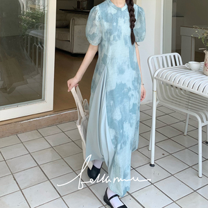 【BM4.23新品】水墨绿新中式拼接连衣裙夏季收腰减龄可爱遮肉长裙