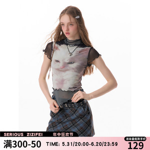 ziziFei夏季新款上衣美式设计感猫咪印花木耳边黑色网纱短袖T恤女