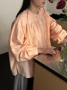 韩国直邮代购甜美气质法式少女宽松打褶显白橘粉色长袖衬衫