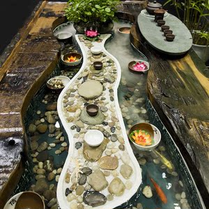 茶台套装商用办公室曲水流觞可养鱼的茶台木制茶桌流水养鱼循环