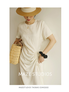Maze Studios 天丝麻奶油色抽绳连衣裙自留力荐谁穿谁美的连衣裙