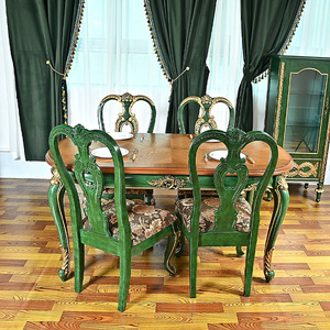 美式实木餐桌餐椅组合餐厅1桌4椅轻奢餐厅成套家具描金雕花餐桌椅