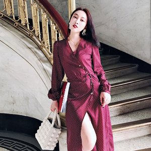 reve芮芙高定女装 酒红伏尔加鱼子酱 波点法式复古风长