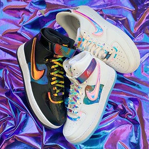 空军一号af1英雄联盟蓝色白镭射nike电玩鞋带炫彩黑金全息反光aj