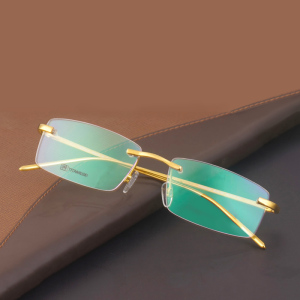 k金无框眼镜架 男纯钛眼镜框宽脸 商务超轻金色无边框配近视眼镜