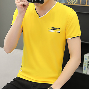 2024夏季男士短袖T恤V领韩版修身潮流半袖上衣服男简约黄色打底衫