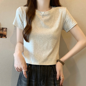 简约花灰色圆领女t恤短袖正肩夏季新款韩版修身高腰半袖打底衫女