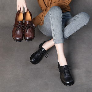 全牛皮复古休闲大头粗跟妈妈女软底狐姬女鞋真皮民族风单鞋景本色