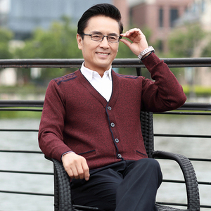 秋冬季羊毛衫中老年人男士加厚针织毛线衣爷爷爸装保暖对开加绒衫