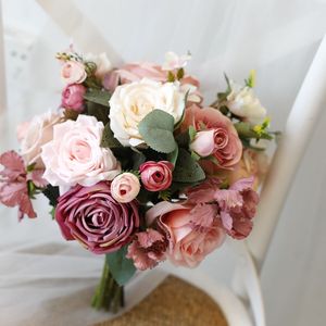 玫粉色系韩式欧式仿真玫瑰绣球新娘结婚手捧花 婚纱写真花束