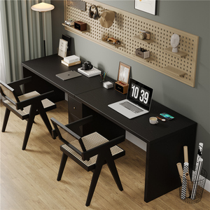 黑色实木书桌3米超长双人写字桌家用电脑桌卧室简易办公桌带柜子