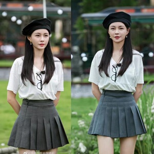 中国婚礼沈梦辰同款白色夏季新款减龄短袖t恤ins女百褶半身裙套装