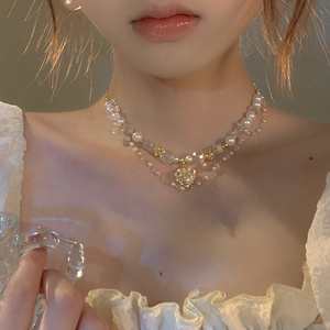 仙女bi入~轻奢双层珍珠水晶爱心项链夏季小众高级感精致锁骨链女