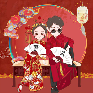 婚庆头像结婚请柬卡通漫画人物定制动漫情侣照片转手绘q版 宠物画