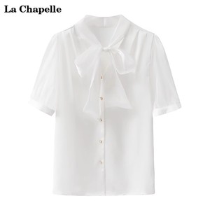 拉夏贝尔蝴蝶结飘带缎面白色短袖衬衫女夏季高端气质修身短款上衣