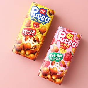 日本进口明治Pucca脆皮夹心巧克力饼干小鱼可可牛奶草莓儿童零食