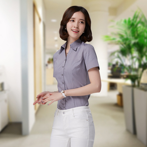 女装短袖衬衫韩版修身职业面试正装工作上班棉服免烫大码灰色衬衣