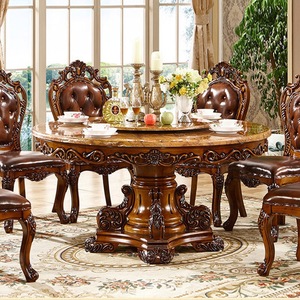 欧式美式复古餐桌椅组合欧式大理石圆桌带转盘别墅餐椅全屋家具