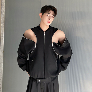 可拆卸袖夹克男双头拉链露肩设计感小众上衣韩版炸街潮牌两穿外套