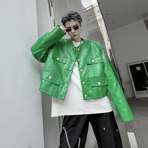 ins网红高级感绿色皮衣外套男帅气街头风廓形短款多纽扣皮夹克衫