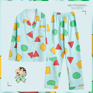 纯棉蜡笔小新同款睡衣女长袖薄款春秋季男ins网红学生宿舍家居服