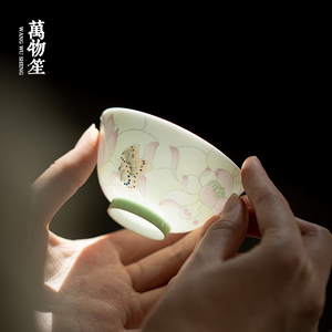 萬物笙丨景德镇手工超薄胎茶杯釉上彩手绘莲花陶瓷主人杯大号家用