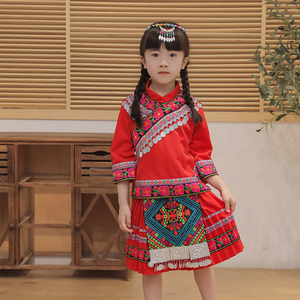 原生态国庆表演彝族民族服装火把节苗族壮族舞蹈表演女童夏季新款