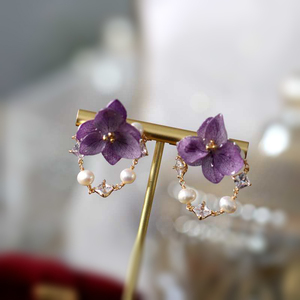 永生花耳钉春夏新款超仙紫色花瓣真花耳饰 森系花朵珍珠个性耳坠