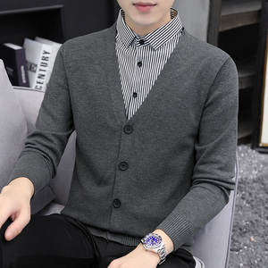男士针织开衫2023新款毛衣外套假两件韩版潮流衬衫领条纹毛衫外穿