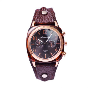 mundell欧洲站玳瑁款时尚潮流腕表圆形数字手表女复古牛皮石英表