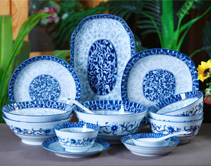 中式青花瓷碗盘套装家用饭碗面碗陶瓷碟子8英寸6个装菜盘餐具饭盘