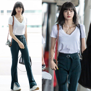 明星lisa同款白色v领短袖t恤宽松夏装显瘦纯棉上衣女白t2022体恤