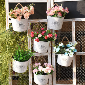 复古铁皮花盆 阳台挂桶 铁艺壁挂花器 创意田园欧式干花鲜花桶