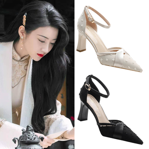 司藤景甜同款高跟鞋配旗袍的鞋子夏百搭年轻款中跟舒适一字带凉鞋