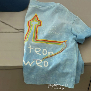 波拉bora韩国童装儿童晕染做旧短袖T恤夏装2024男童刺绣女童上衣