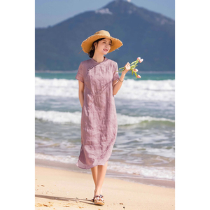紫气东来！新中式高端苎麻 改良旗袍 减龄气质文艺紫色刺绣连衣款