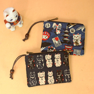 日式和风达摩福寿猫出口纯棉布艺一体式钥匙包女拉链零钱袋卡包