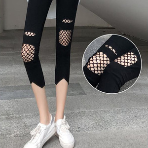 日本渔网七分裤女夏季薄款外穿新款大码黑色网纱破洞女士打底裤