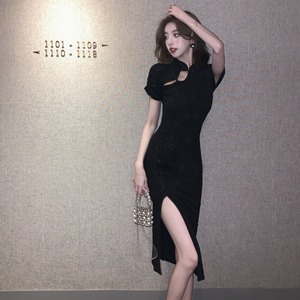 黑色气质连衣裙2024年新款夏装女开叉性感复古收腰显瘦新中式旗袍