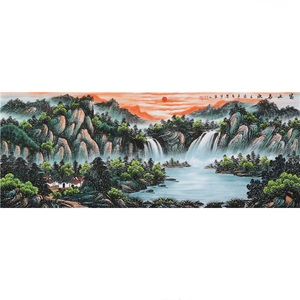 名人墨宇字画纯手绘山水六尺横幅富水长流装饰收藏送礼赠合影证书