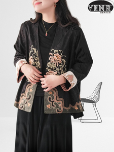 YENR 雅卓有趣，高雅美观牡丹刺绣新中式国风外套上衣女人丝混纺