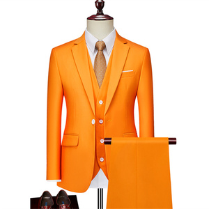 男士商务休闲西装套装西服套装橘黄色三件套