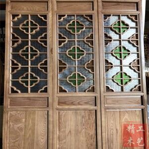 精工木艺实木花格仿古西关窗新中式仿古门窗琉璃彩色海棠花满洲窗