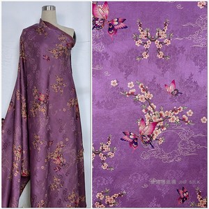 透孔重磅真丝面料旗袍连衣裙布料提花罗香云纱桃花蝴蝶雪青藕紫