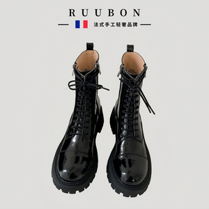 RUUBON 高端亮皮靴子 真皮系带马丁靴女中跟侧拉链英伦风厚底短靴