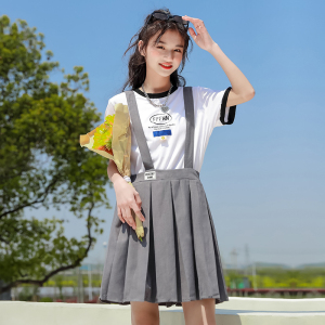少女大童夏季背带裙套装两件套2022新款学院风高初中学生夏装裙子