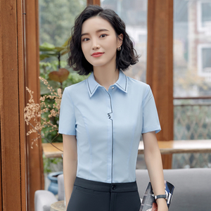 蓝色衬衫女短袖雪纺拼接撞色上衣韩版2024夏季新款工作服职业衬衣
