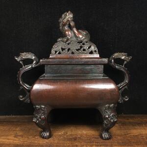 古董古玩收藏清代古铜器老铜器紫铜四足方鼎香炉熏炉摆件老物件